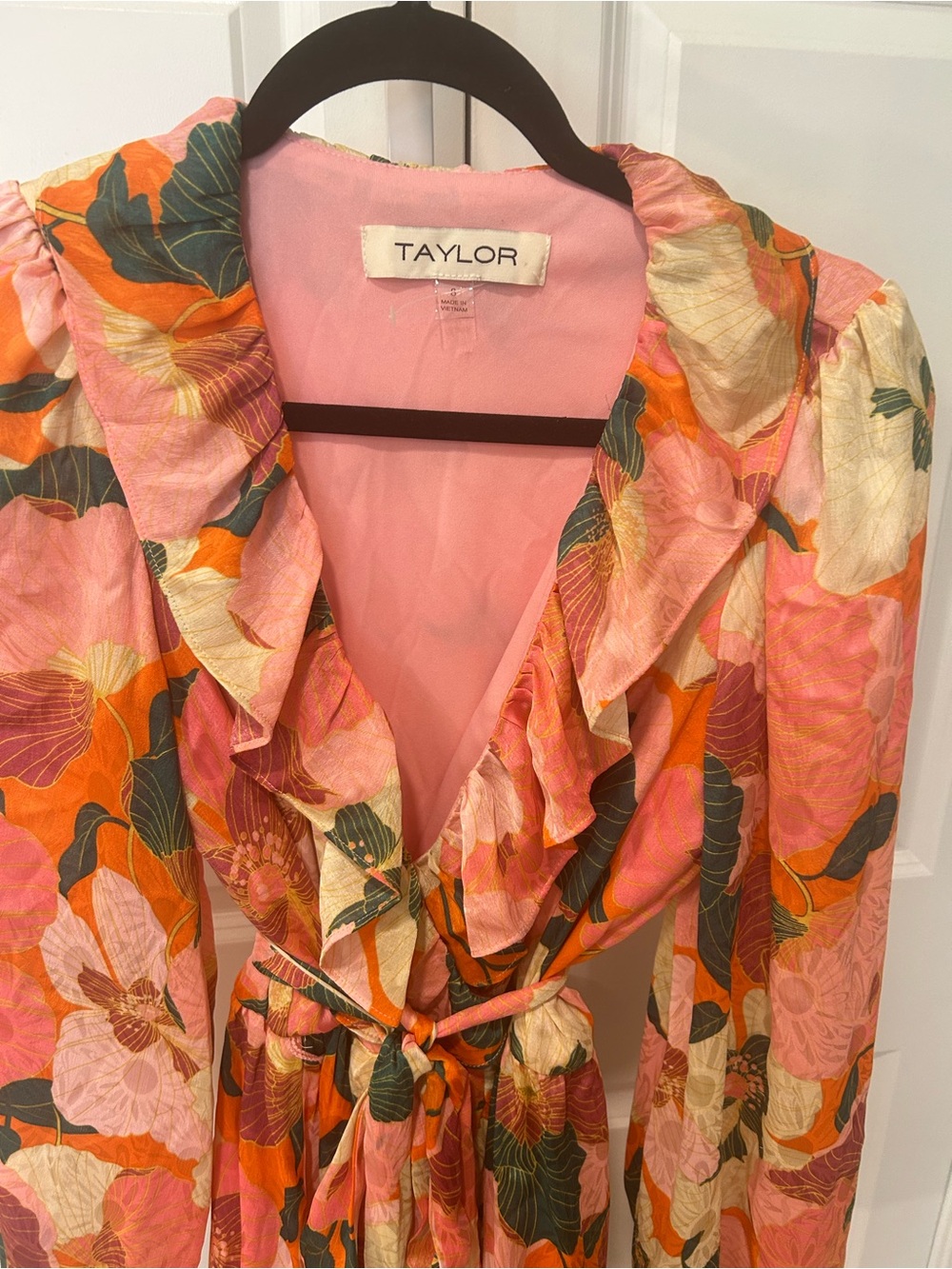 Taylor Pink and Orange Floral Ruffled Wrap Dress - Picture 2 of 3